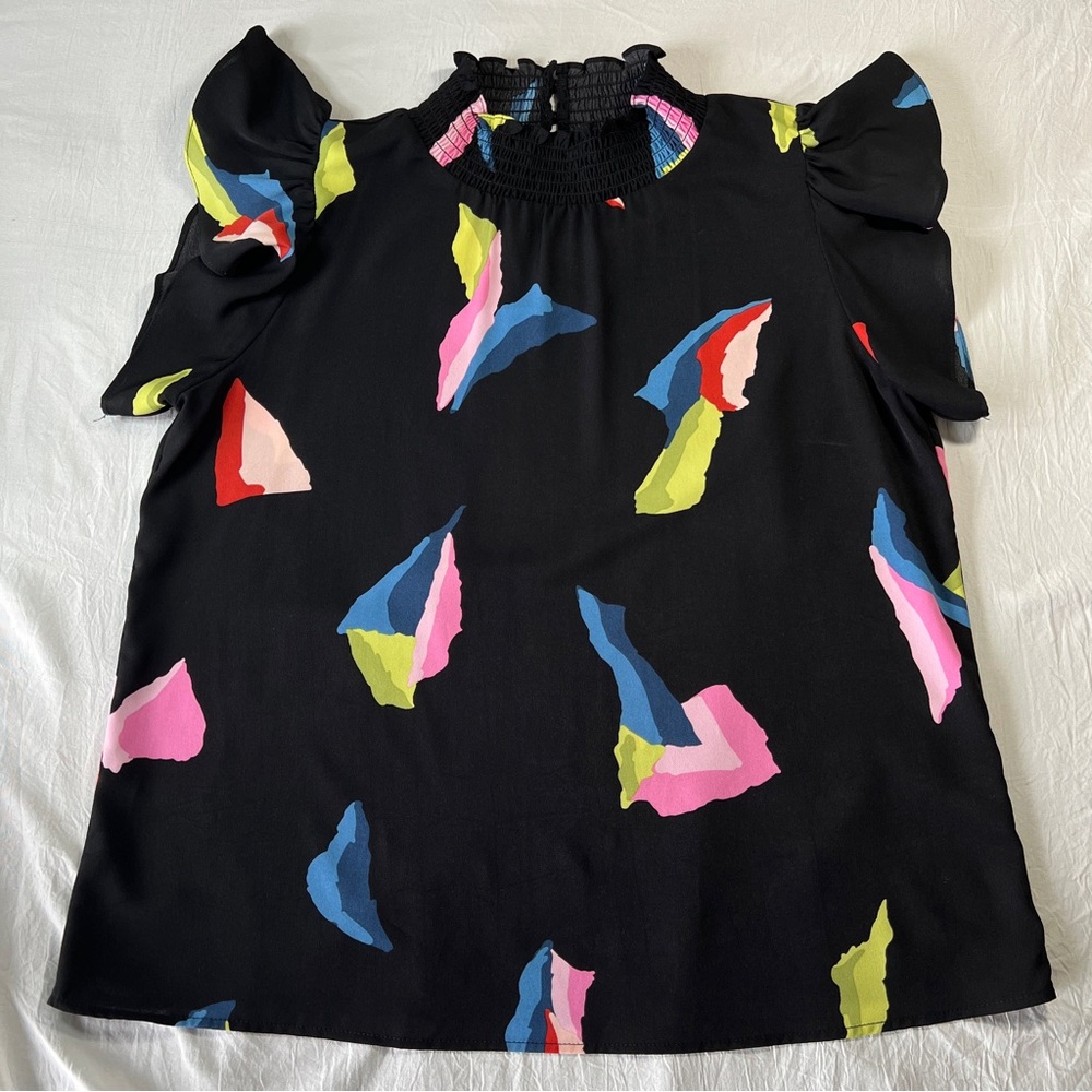 THML Anthropologie Smocked Neck Ruffle Sleeve Black Abstract Top Sz L NWOT
